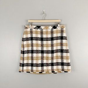 Ann Taylor Women's Checked Fringe A Line Skirt Academia NWT Mini Tan Black 14